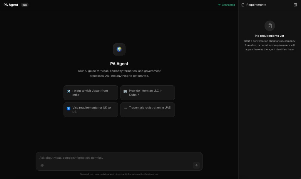 PA Agent beta: home screen with suggestion chips for Japan visit visa, Dubai LLC, UK to US visa, and UAE trademark; chat input and empty Requirements sidebar.